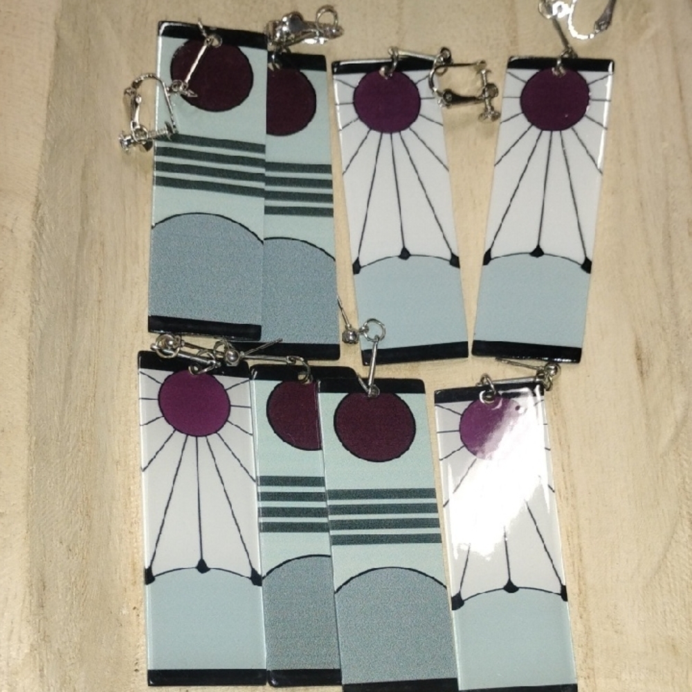 Art Deco Style Earrings with Purple and Blue Design Costume Jewelry